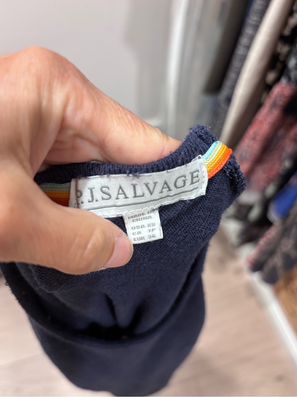 P.J. Salvage Navy Top with Rainbow Neck Stripe - Picture 6 of 8